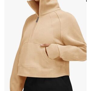 Women’s scuba fleece half zip cropped sweatshirt pull over khaki color Small